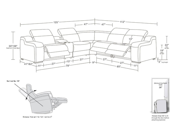 HomeRoots Dark Italian Leather Power Reclining L-Shaped Sectional Sofa with Console for Ultimate Comfort Dark Grey 544982