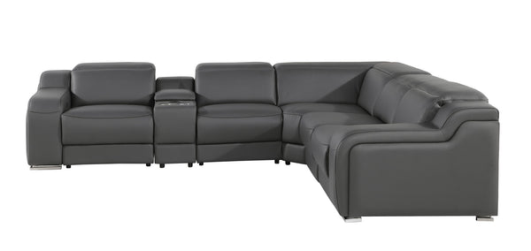 Homeroots Dark Gray Italian Leather Power Reclining L Shaped Six Piece Corner Sectional With Console Dark Grey  544982