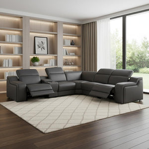 HomeRoots Dark Italian Leather Power Reclining L-Shaped Sectional Sofa with Console for Ultimate Comfort Dark Grey 544982