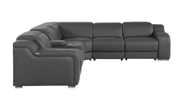 Homeroots Dark Gray Italian Leather Power Reclining L Shaped Six Piece Corner Sectional With Console Dark Grey  544982