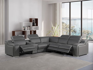 HomeRoots Dark Italian Leather Power Reclining L-Shaped Sectional Sofa with Console for Ultimate Comfort Dark Grey 544982