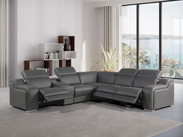 HomeRoots Dark Italian Leather Power Reclining L-Shaped Sectional Sofa with Console for Ultimate Comfort Dark Grey 544982