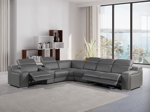 HomeRoots Gray Italian Leather Power Reclining Seven-Piece Curved Sectional with Console for Ultimate Comfort 544983