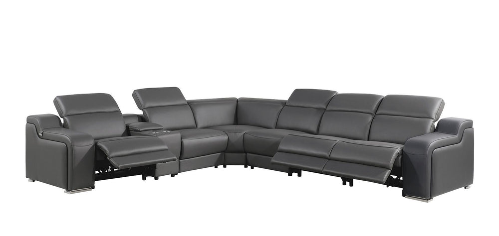 HomeRoots Gray Italian Leather Power Reclining Seven-Piece Curved Sectional with Console for Ultimate Comfort 544983