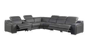 HomeRoots Gray Italian Leather Power Reclining Seven-Piece Curved Sectional with Console for Ultimate Comfort 544983