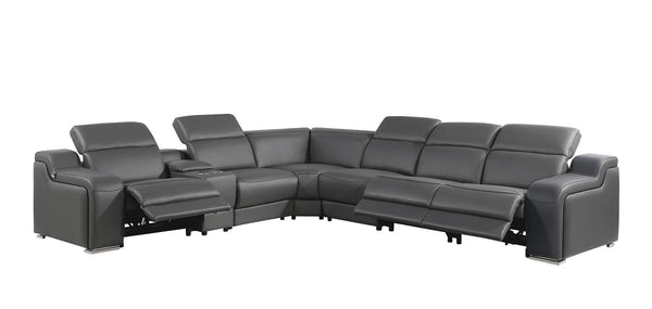 HomeRoots Gray Italian Leather Power Reclining Seven-Piece Curved Sectional with Console for Ultimate Comfort 544983