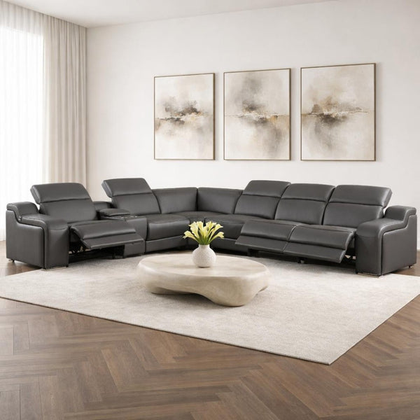 HomeRoots Gray Italian Leather Power Reclining Seven-Piece Curved Sectional with Console for Ultimate Comfort 544983