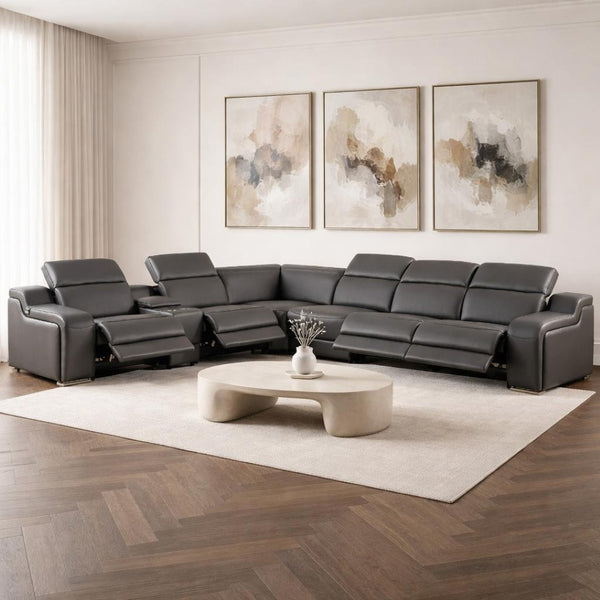 HomeRoots Gray Italian Leather Curved Power Reclining Sectional Sofa - Luxurious Comfort for Modern Living 544984