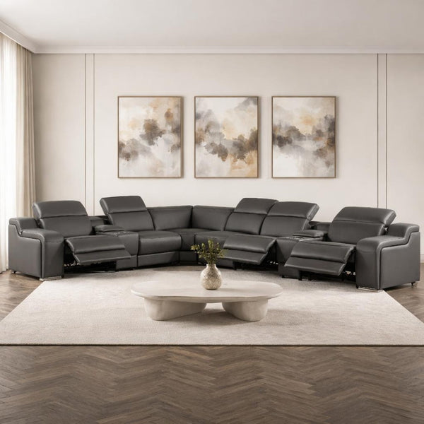 HomeRoots Gray Italian Leather Power Reclining Sectional Sofa - Curved 8-Piece Design with Console & Comfort 544985