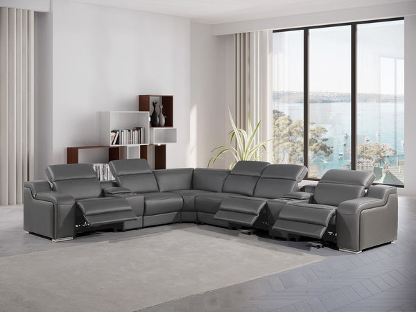 HomeRoots Gray Italian Leather Power Reclining Sectional Sofa - Curved 8-Piece Design with Console & Comfort 544985