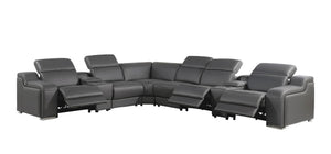 HomeRoots Gray Italian Leather Power Reclining Sectional Sofa - Curved 8-Piece Design with Console & Comfort 544985