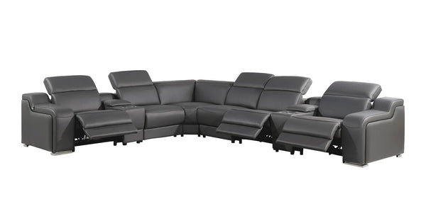 HomeRoots Gray Italian Leather Power Reclining Sectional Sofa - Curved 8-Piece Design with Console & Comfort 544985