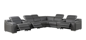 HomeRoots Gray Italian Leather Power Reclining Sectional Sofa - Curved 8-Piece Design with Console & Comfort 544985