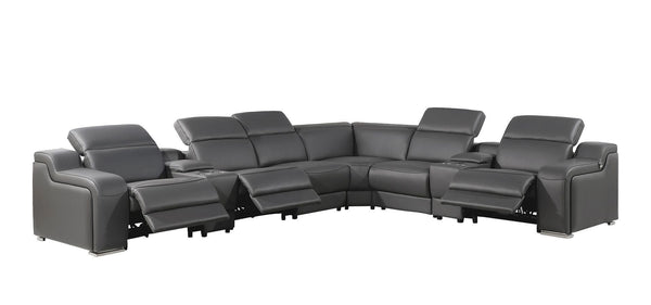 HomeRoots Gray Italian Leather Power Reclining Sectional Sofa - Curved 8-Piece Design with Console & Comfort 544985