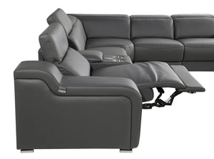 HomeRoots Gray Italian Leather Power Reclining Sectional Sofa - Curved 8-Piece Design with Console & Comfort 544985