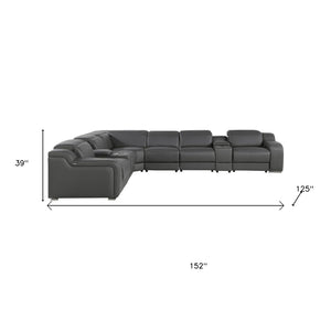 HomeRoots Gray Italian Leather Power Reclining Curved Sectional Sofa - 8-Piece Comfort with Console & Style 544986