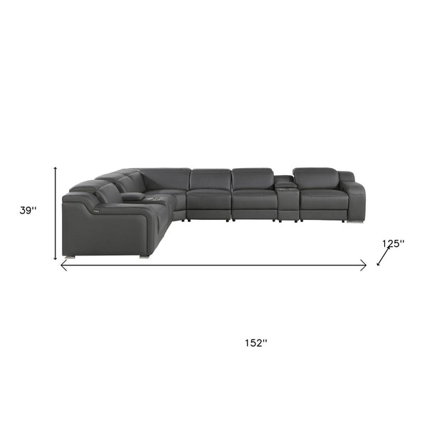 HomeRoots Gray Italian Leather Power Reclining Curved Sectional Sofa - 8-Piece Comfort with Console & Style 544986