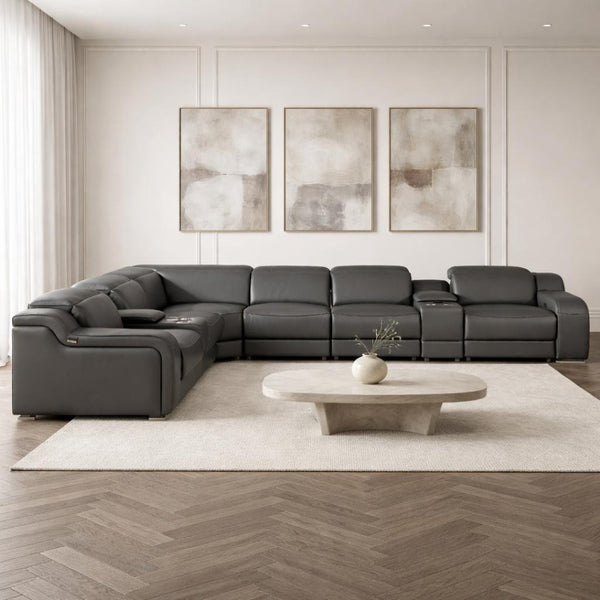 HomeRoots Gray Italian Leather Power Reclining Curved Sectional Sofa - 8-Piece Comfort with Console & Style 544986
