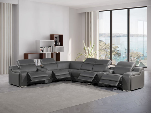 HomeRoots Gray Italian Leather Power Reclining Curved Sectional Sofa - 8-Piece Comfort with Console & Style 544986