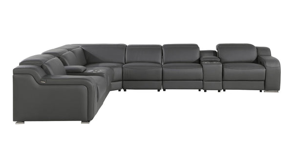 HomeRoots Gray Italian Leather Power Reclining Curved Sectional Sofa - 8-Piece Comfort with Console & Style 544986