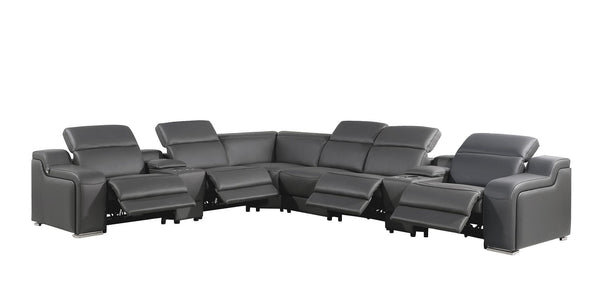 HomeRoots Gray Italian Leather Power Reclining Curved Sectional Sofa - 8-Piece Comfort with Console & Style 544986