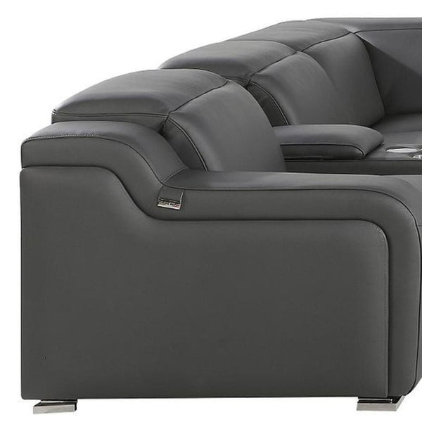 HomeRoots Gray Italian Leather Power Reclining Curved Sectional Sofa - 8-Piece Comfort with Console & Style 544986