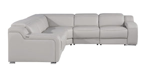 HomeRoots Light Gray Italian Leather Power Reclining Curved Five-Piece Sectional with Console & USB Charging 544987