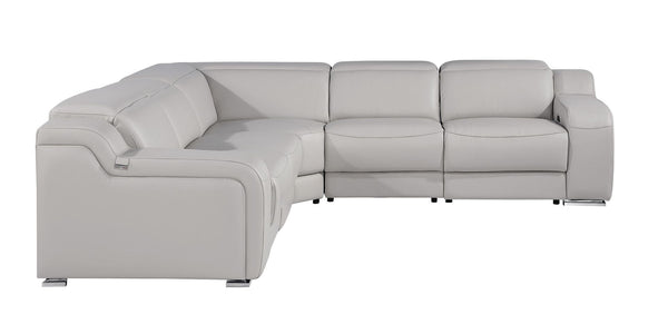 HomeRoots Light Gray Italian Leather Power Reclining Curved Five-Piece Sectional with Console & USB Charging 544987