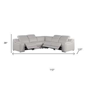 HomeRoots Light Gray Italian Leather Power Reclining Curved Five-Piece Sectional with Console & USB Charging 544987
