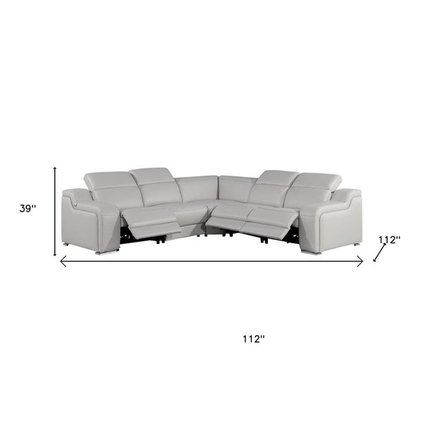 HomeRoots Light Gray Italian Leather Power Reclining Curved Five-Piece Sectional with Console & USB Charging 544987