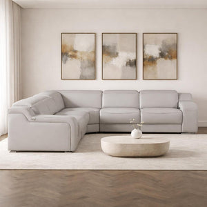 HomeRoots Light Gray Italian Leather Power Reclining Curved Five-Piece Sectional with Console & USB Charging 544987