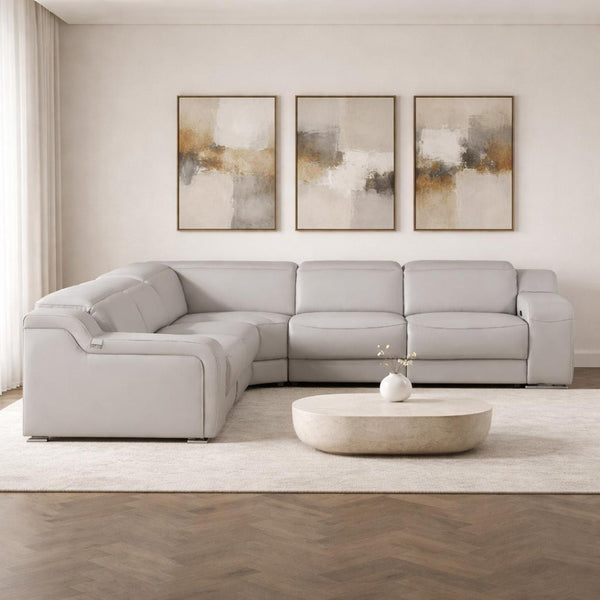 HomeRoots Light Gray Italian Leather Power Reclining Curved Five-Piece Sectional with Console & USB Charging 544987