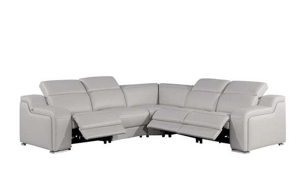 HomeRoots Light Gray Italian Leather Power Reclining Curved Five-Piece Sectional with Console & USB Charging 544987