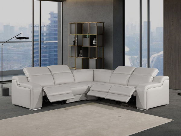HomeRoots Light Gray Italian Leather Power Reclining Curved Five-Piece Sectional with Console & USB Charging 544987
