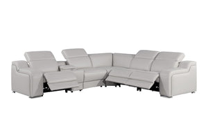 HomeRoots Light Gray Italian Leather Power Reclining Curved Sectional with Console – Luxurious Comfort & USB Ports 544988