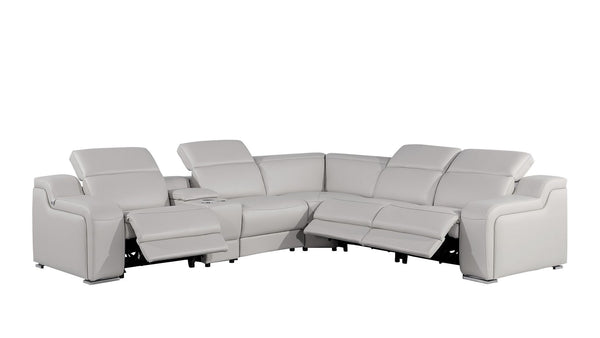HomeRoots Light Gray Italian Leather Power Reclining Curved Sectional with Console – Luxurious Comfort & USB Ports 544988