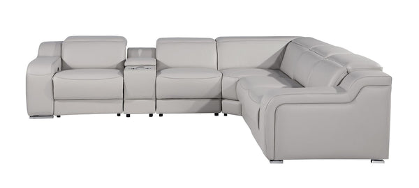 HomeRoots Light Gray Italian Leather Power Reclining Curved Sectional with Console – Luxurious Comfort & USB Ports 544988