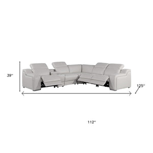 HomeRoots Light Gray Italian Leather Power Reclining Curved Sectional with Console – Luxurious Comfort & USB Ports 544988