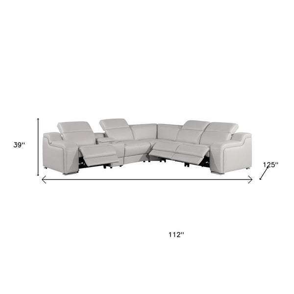 HomeRoots Light Gray Italian Leather Power Reclining Curved Sectional with Console – Luxurious Comfort & USB Ports 544988