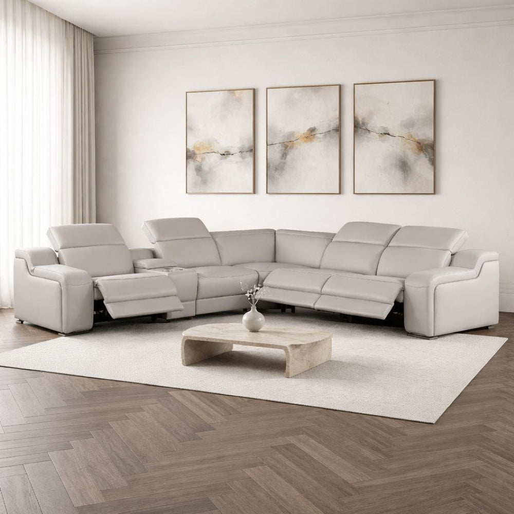 HomeRoots Light Gray Italian Leather Power Reclining Curved Sectional with Console – Luxurious Comfort & USB Ports 544988