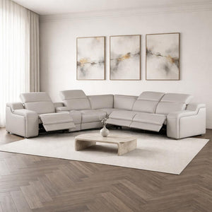 HomeRoots Light Gray Italian Leather Power Reclining Curved Sectional with Console – Luxurious Comfort & USB Ports 544988