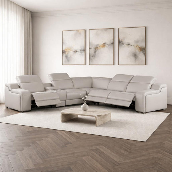 HomeRoots Light Gray Italian Leather Power Reclining Curved Sectional with Console – Luxurious Comfort & USB Ports 544988