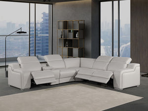 HomeRoots Light Gray Italian Leather Power Reclining Curved Sectional with Console – Luxurious Comfort & USB Ports 544988