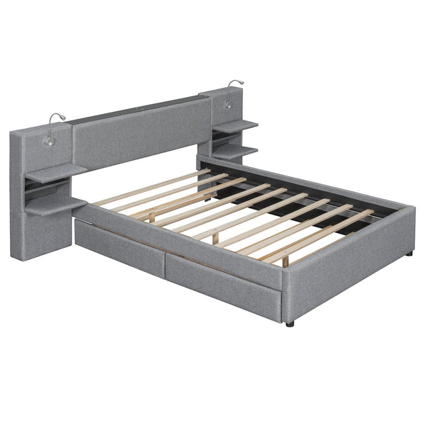 English Elm Queen Linen Upholstered Platform Bed with Storage Drawers, Trundle, Flip-Up Headboard & Lights Gray SF000187AAE