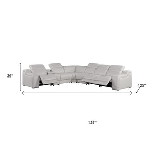 HomeRoots Light Gray Italian Leather Curved Power Reclining Sectional Sofa for Ultimate Comfort & Style 544989