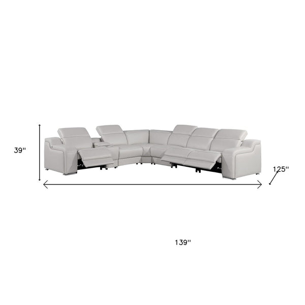 HomeRoots Light Gray Italian Leather Curved Power Reclining Sectional Sofa for Ultimate Comfort & Style 544989