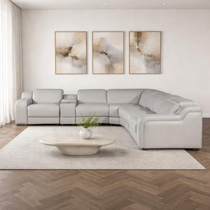 HomeRoots Light Gray Italian Leather Curved Power Reclining Sectional Sofa for Ultimate Comfort & Style 544989