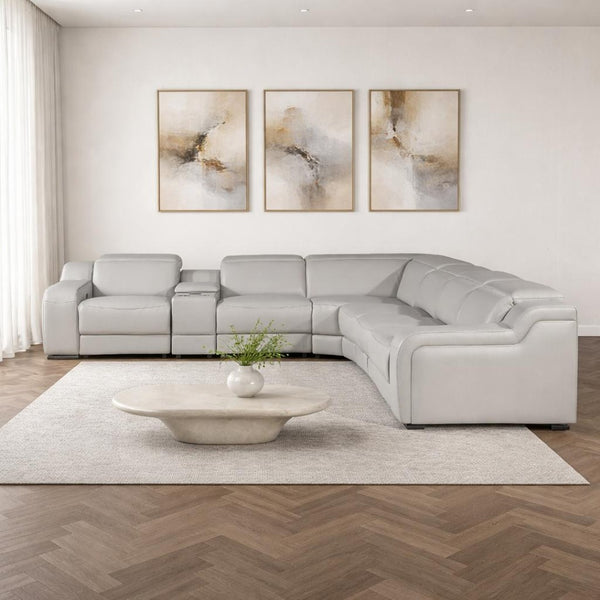 HomeRoots Light Gray Italian Leather Curved Power Reclining Sectional Sofa for Ultimate Comfort & Style 544989