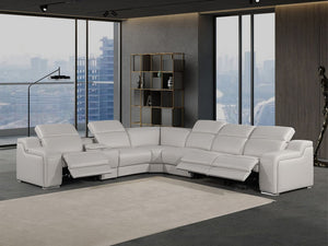 HomeRoots Light Gray Italian Leather Curved Power Reclining Sectional Sofa for Ultimate Comfort & Style 544989