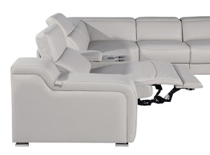 HomeRoots Light Gray Italian Leather Power Reclining Seven-Piece Curved Sectional Sofa with Console & Comfort 544990